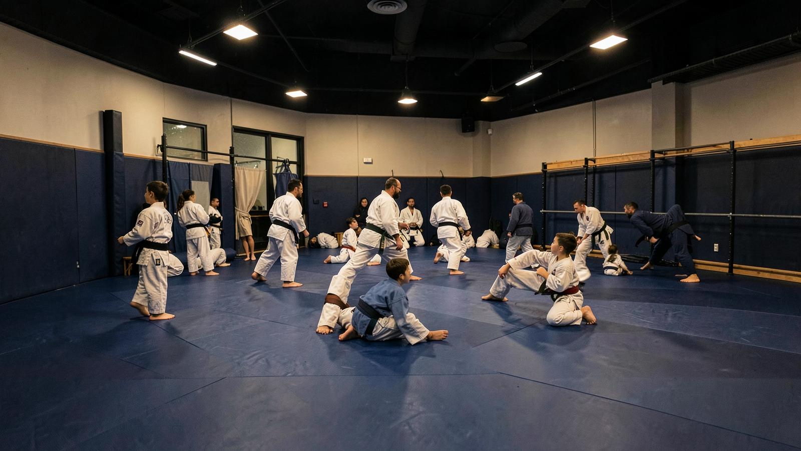 Adults and children training Jiu-Jitsu on the mats at Soda City Combat Club