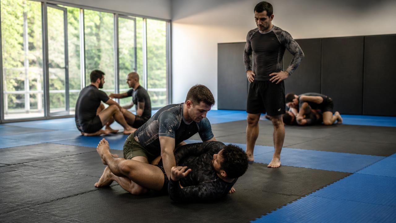 Adults drilling Jiu-Jitsu on the mats